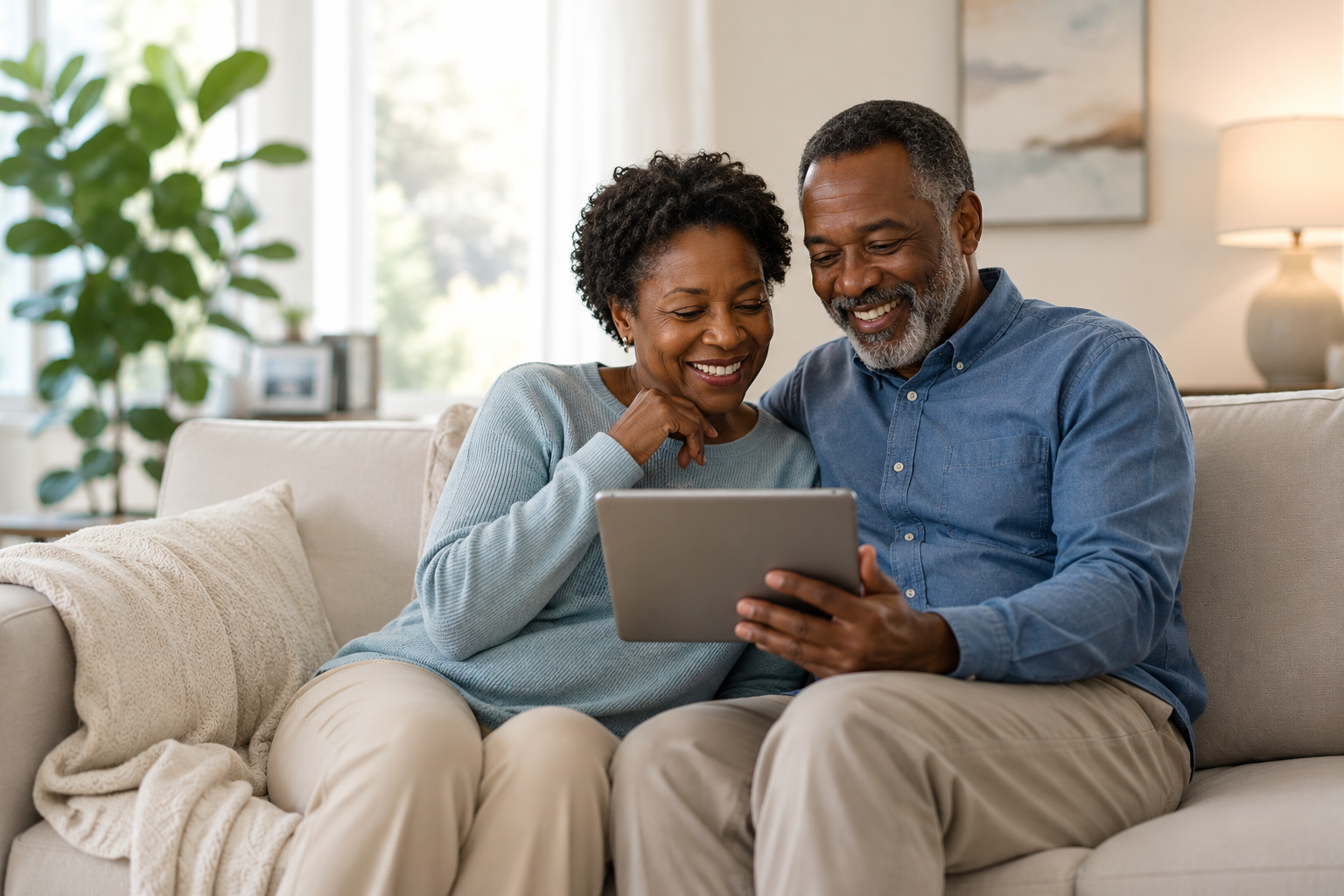 A senior couple using a tablet together at home