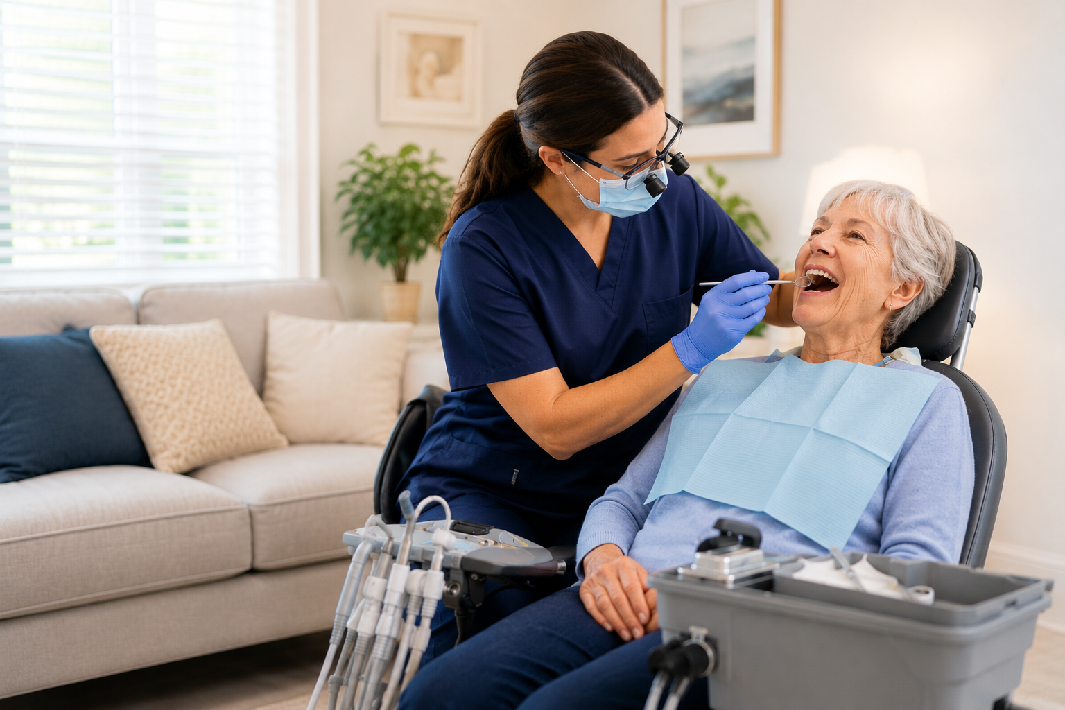 A dentist providing in-home dental care to a patient